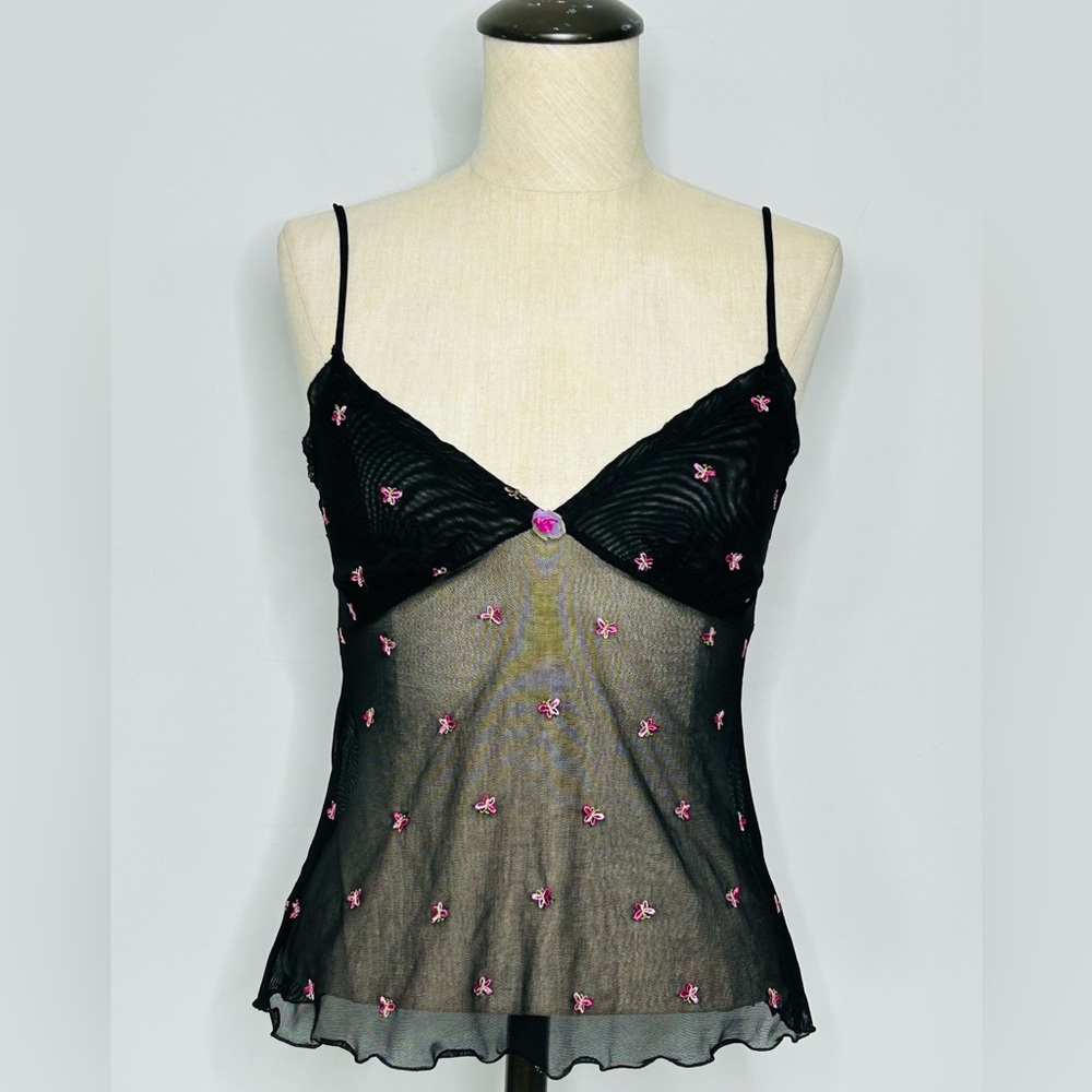 Y2K Victoria’s Secret Black Sheer Mesh Butterfly Embroidered Cami size Small